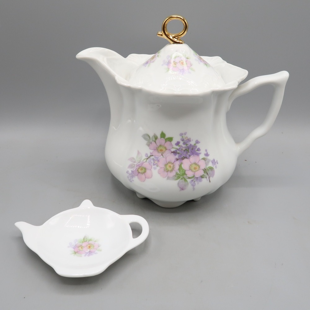Ceramic White Floral Tea Pot Gold tone top pink Purple flower with spoon rest